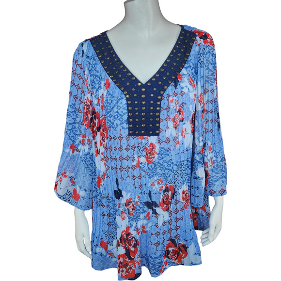 Woman Within‎ Blue Red floral CRINKLE peasant top 18/20 1X Beaded Neckline - Picture 1 of 12